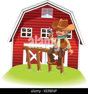 Abbildung: ein Cowboy Besitz einer Waffe sitzt auf einem Holz vor der barnhouse auf weißem Hintergrund Stock Vektor