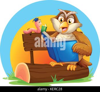 Abbildung: eine Eule und ein Wurm ein Buch auf einem weißen Hintergrund Stock Vektor