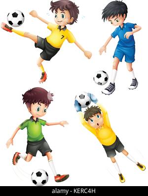 Abbildung der vier Fußball-Spieler auf weißem Hintergrund Stock Vektor