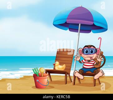 Abbildung: Ein Affe am Strand mit Spielzeug Stock Vektor