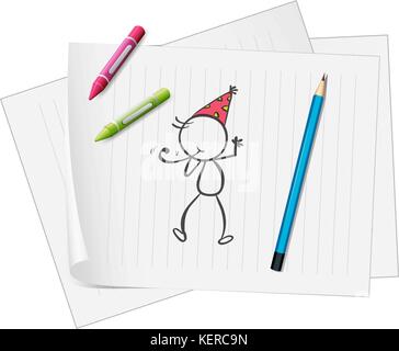 Abbildung: ein Papier mit einer Skizze einer Person mit Buntstiften und einem Stift auf weißem Hintergrund Stock Vektor