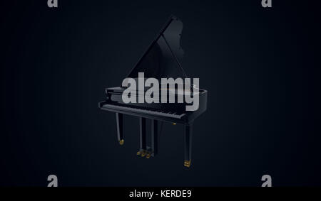 Luxuriöses schwarzes Klavier in der blauen dunklen Szene. 3D-Rendering-Abbildung. Stockfoto