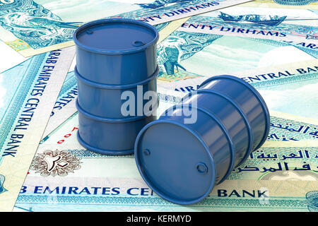 3D-Illustration: Blue Barrel Öl liegen auf dem Hintergrund der Banknote 20 Dirham, Vereinigte Arabische Emirate. Erdöl, schwarzes Gold, Benzin Stockfoto