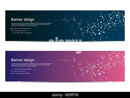 Technologischen und wissenschaftlichen Banner mit Struktur der molekularen Teilchen und Atom. Polygonale abstrakten Hintergrund. Vektor-illustration Stock Vektor