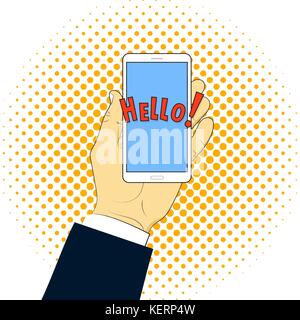 Ein Mann hält ein Handy in der Hand, ein Pop Art Stil. Vector Illustration. Stock Vektor
