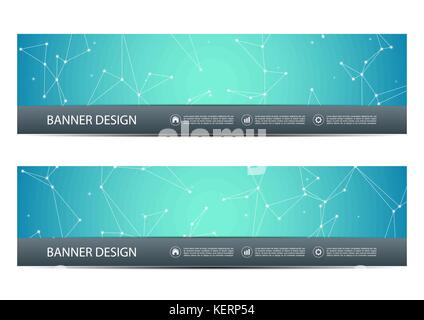 Technologischen und wissenschaftlichen Banner mit Struktur der molekularen Teilchen und Atom. Polygonale abstrakten Hintergrund. Vektor-illustration Stock Vektor