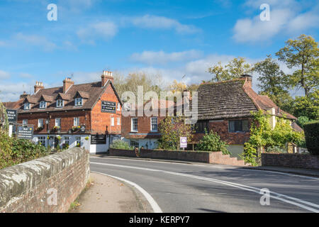 Der Schwan Public House und Hütten auf der Hauptstraße im Chiddingfold Dorf in Surrey, Großbritannien Stockfoto