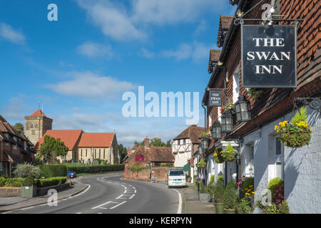 Der Schwan Public House, St Mary's Church und Hütten auf der Hauptstraße im Chiddingfold Dorf in Surrey, Großbritannien Stockfoto