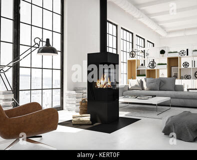 3D-Rendering. Wohnzimmer mit Kamin in der modernen Loft. Stockfoto