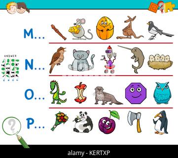 Cartoon Illustration der Bilder finden beginnend mit genannten Buchstaben Lernspiel für Kinder Stock Vektor