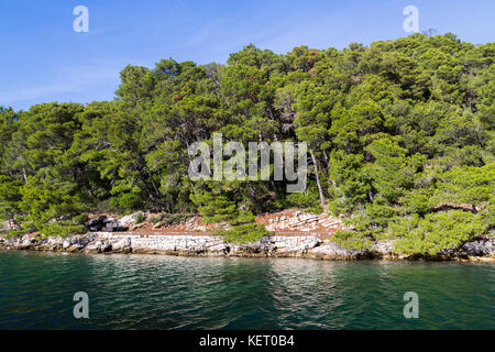 Erkunden Sie die Seen Veliko jezero und Malo jezero (Großer See und kleinem See) in den Nationalpark Mljet in Kroatien. Stockfoto