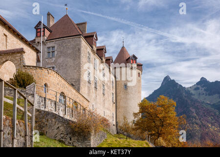 Schloss Greyerz, Gruyères, Freiburg, Schweiz Stockfoto