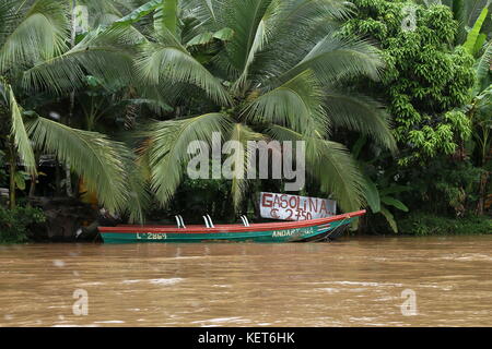 Tankstelle, Rancho La Pavona in Tortuguero Fluss übertragen, Rio Suerte, Provinz Limón, Costa Rica, Karibik, Mittelamerika Stockfoto