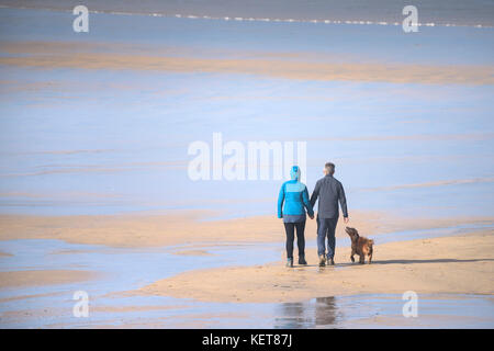 Hundespaziergängen - Hundespaziergänger am Fistral Beach in Newquay Cornwall. Stockfoto