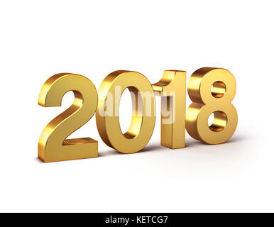 Neujahrstyp 2018, in Gold gefärbt und isoliert auf weiß - 3D-Illustration Stockfoto