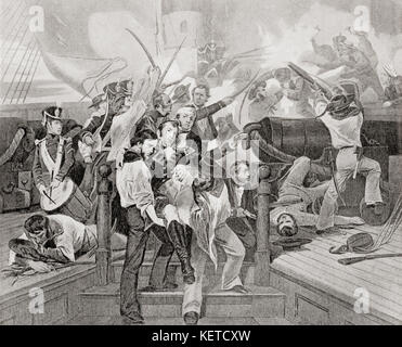 Der Tod von James Lawrence an Bord der USS Chesapeake nach einer Einschiffaktion gegen HMS Shannon während des Krieges von 1812. James Lawrence, 1781 – 1813. Amerikanischer Marineoffizier. Aus Hutchinson's History of the Nations, veröffentlicht 1915. Stockfoto