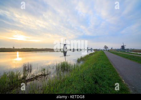 Dämmerung auf Windmühlen in den Kanal umgeben von grünen Wiesen wider Kinderdijk molenwaard South Holland Niederlande Europa Stockfoto