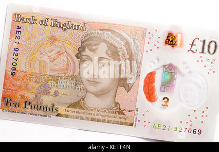 2017 Neue Britische zehn Pfund Hinweis mit dem Thema Jane Austin, aus Kunststoff Polymer Stockfoto