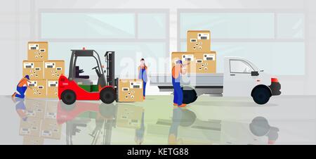 Professionelle Mitarbeiter in spezielle Kleidung die Waren im Lager mit einem Gabelstapler laden. Marketing Services. Vector Graphics Stock Vektor