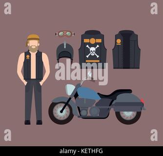 Blond Motorradfahrer und Classic blau Motorrad mit Jacke und Helm in rosigen braunen Hintergrund Stock Vektor