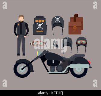 Motorradfahrer und klassische schwarze Motorrad Jacke und Leder Tasche und Helm Brille in Thistle Farbe Hintergrund Stock Vektor