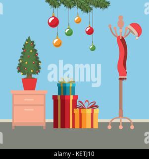 Weihnachten Szene mit Aktenschrank und kleinen Weihnachtsbaum im Topf und Geschenke Stock Vektor