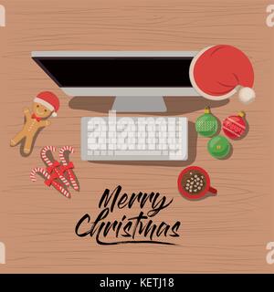 Frohe Weihnachten poster Mit desktop computer Szene in der Ansicht von oben mit Weihnachten Dekoration und Süßigkeiten und Kekse und Schokolade Schale Stock Vektor