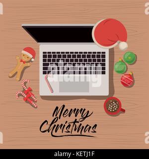 Frohe Weihnachten Poster mit Laptop Szene in der Ansicht von oben mit Weihnachten Dekoration und Süßigkeiten und Kekse und Schokolade Schale Stock Vektor