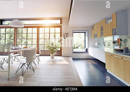 Moderne Küche Interieur. 3D-rendering Konzept Stockfoto