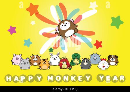 Frohes neues Jahr für Monkey Jahr tierischen Symbol Chinesisches Tierzeichen Horoskop cartoon vektor design Illustration Stock Vektor