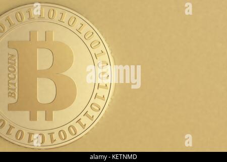 Bitcoin Münze closeup auf einer unscharfen goldenen Hintergrund, 3D-Darstellung. Stockfoto