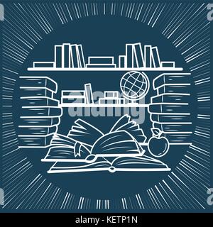 Abbildung: Bildung in Form einer Bibliothek mit Bücherregalen und offenen Bücher. Symbol, Silhouette in der linearen Stil Stock Vektor