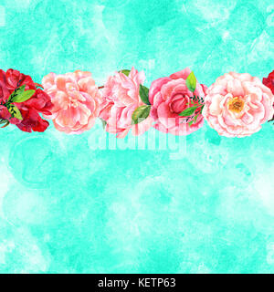 Nahtlose Grenze von Aquarell Blumen auf Teal Hintergrund Stockfoto