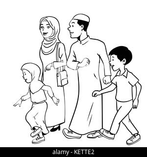 Abbildung: muslimische Familie waliking, für glückliche muslimische Familie, auf weißem Hintergrund. Schwarz und Weiß eine einfache Linie vektor Illustration für col Stock Vektor