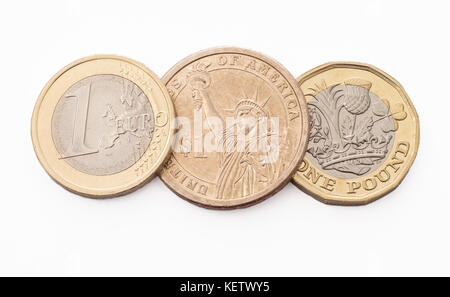 Drei der größten Handel mit Währungen der Welt, den amerikanischen Dollar, der europäische Euro und dem britischen Pfund Sterling. Stockfoto