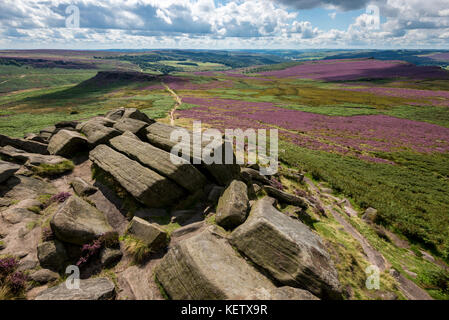 Blick von higger Tor in Richtung Carl wark in der Nationalpark Peak District, Derbyshire. Heidekraut blüht auf der Heide. Stockfoto