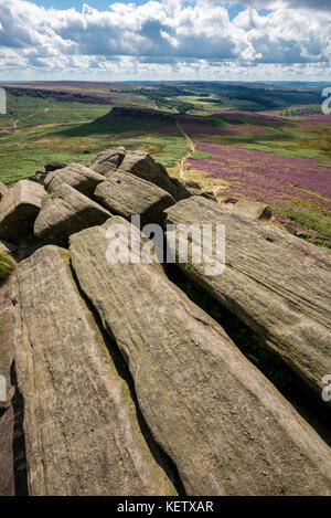 Blick von higger Tor in Richtung Carl wark in der Nationalpark Peak District, Derbyshire. Heidekraut blüht auf der Heide. Stockfoto