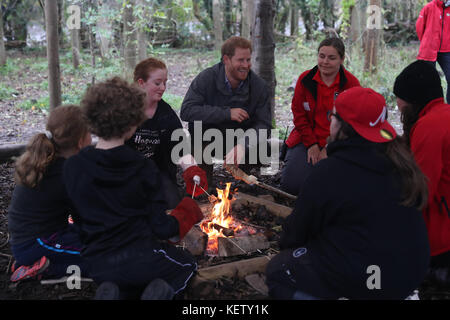 Prinz Harry bei seinem Besuch im MyPlace im Brockholes Nature Reserve in Preston, Lancashire, ein Projekt, das junge Menschen durch die Förderung von Maßnahmen in der Umwelt zu fördern, um Gebiete für Wildtiere, Gemeinschaften und ihr eigenes Wohlbefinden zu verbessern. Stockfoto