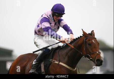 Plumpton, UK. 23 Okt, 2017. Harry Teal und Oh Land Abloom Richtung Winning Post die SIS unterstützt Moorcroft Handicap Hürde bei Plumpton racecourse zu gewinnen. Credit: James Boardman/Alamy leben Nachrichten Stockfoto