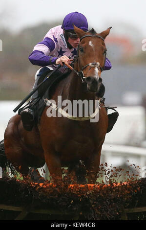 Plumpton, UK. 23 Okt, 2017. Harry Teal und Oh Land Abloom Springen der letzten unterstützt SIS Moorcroft Handicap Hürde bei Plumpton racecourse zu landen. Credit: James Boardman/Alamy leben Nachrichten Stockfoto