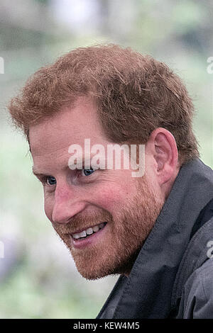 Preston, Lancashire, UK. 23 Okt, 2017. Prinz Harry chats für junge Menschen, die in der Erhaltung und Bush handwerkliche Tätigkeiten wie er zahlt einen Besuch 'Myplace' an Brockholes Nature Reserve. Ziel ist es, junge Menschen durch sie dazu ermutigt werden, an Aktivitäten teilzunehmen, für Wildlife und Ihr eigenes Wohlbefinden zu verbessern zu ermächtigen. Credit: cernan Elias/Alamy leben Nachrichten Stockfoto