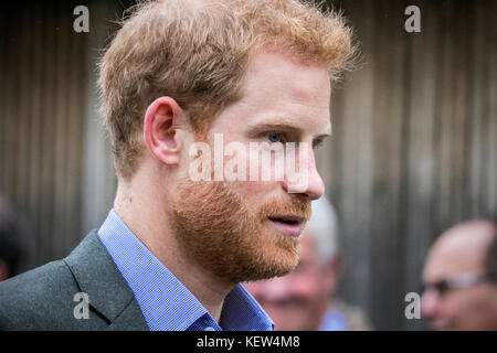 Preston, Lancashire, UK. 23 Okt, 2017. Prinz Harry chats für junge Menschen, die in der Erhaltung und Bush handwerkliche Tätigkeiten wie er zahlt einen Besuch 'Myplace' an Brockholes Nature Reserve. Ziel ist es, junge Menschen durch sie dazu ermutigt werden, an Aktivitäten teilzunehmen, für Wildlife und Ihr eigenes Wohlbefinden zu verbessern zu ermächtigen. Credit: cernan Elias/Alamy leben Nachrichten Stockfoto