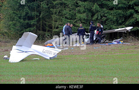 Nizkov, Tschechische Republik. Oktober 2017. Ein kleines Sportflugzeug stürzte am 24. Oktober 2017 in der Nähe des Dorfes Nizkov in der Region Vysocina in der Tschechischen Republik ab. Die zweiköpfige Besatzung wurde schwer verletzt. Sie sind Ausländer im Alter von 63 und 57 Jahren. Die Unfallursache wird von Polizisten untersucht. Quelle: LIBOR Plihal/CTK Photo/Alamy Live News Stockfoto