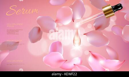 3d realistische Blume Natur Bio Kosmetik ad. rosa Blütenblatt Glas Serum essence Gesicht Öl Tröpfchen. Flasche Pipette golden Werbemittel Plakat template Vector Illustration Stock Vektor