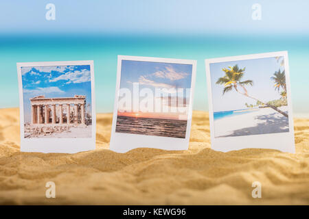 Nahaufnahme eines Fotos von Urlaub am Sandstrand Stockfoto