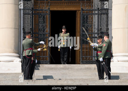 Horizontale Ansicht des Wachwechsels in Budapest. Stockfoto