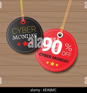 Cyber Monday Verkauf tags auf hölzernen strukturierten Hintergrund online shopping rabatt runde Symbole Sammlung Stock Vektor