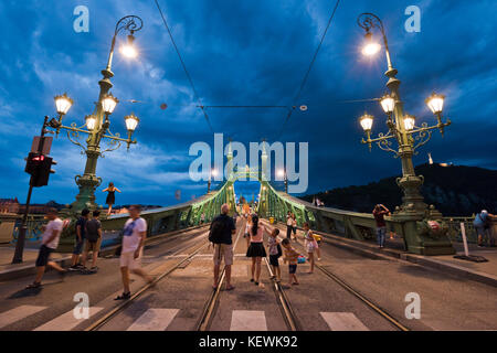 Horizontale Ansicht der Szabadság híd oder die Brücke für den Verkehr gesperrt in der Nacht in Budapest. Stockfoto