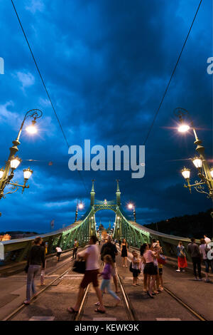 Vertikale Ansicht von Szabadság híd oder Liberty Bridge bei Nacht in Budapest. Stockfoto