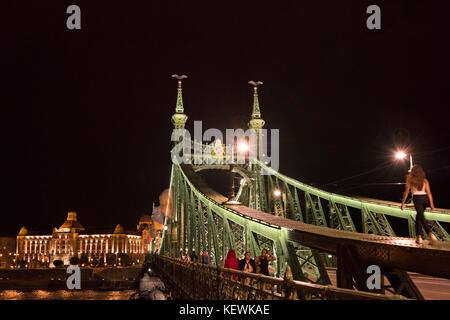 Horizontale Ansicht der Szabadság híd oder Liberty Bridge bei Nacht in Budapest. Stockfoto